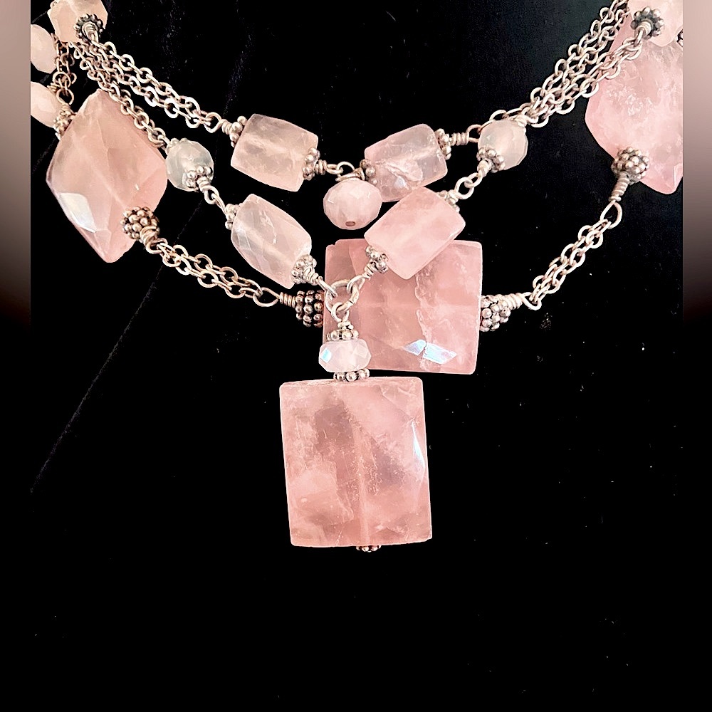 Rose Quartz means LOVE ❤️ Necklace 2 Rows Silver Chain, Toggle Clasp 16 & 18”